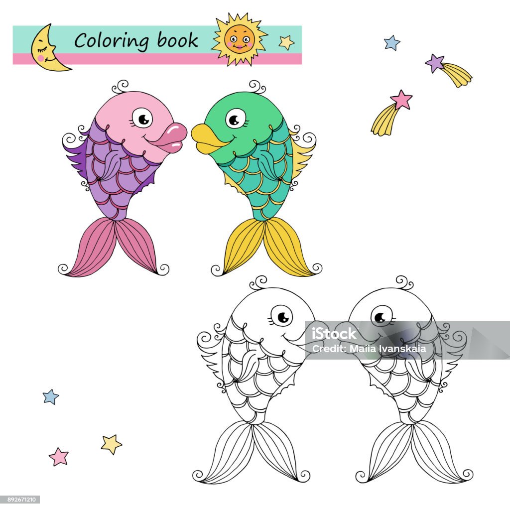 Zodiac sign Pisces Zodiac sign Pisces. Vector illustration of cute fish in cartoon style, linear drawing. Black and white, colorful images, be used for coloring book. Animal stock vector