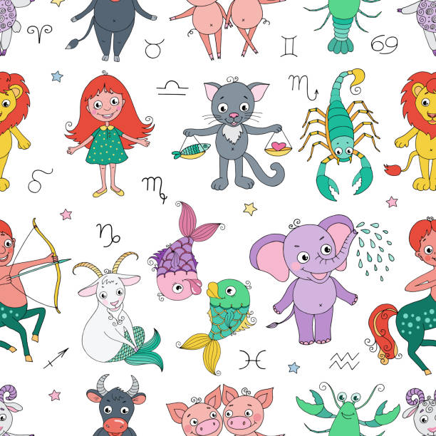 ilustraciones, imágenes clip art, dibujos animados e iconos de stock de divertido de patrones sin fisuras con el signo del zodiaco - horse goat child humor
