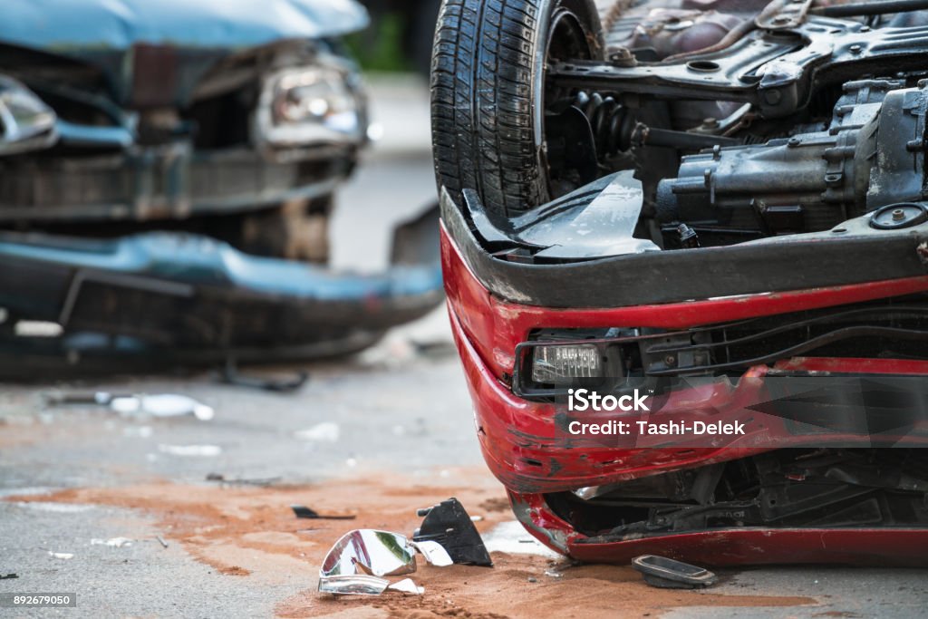 Firefighters At A Car Accident Scene Car Accident Stock Photo