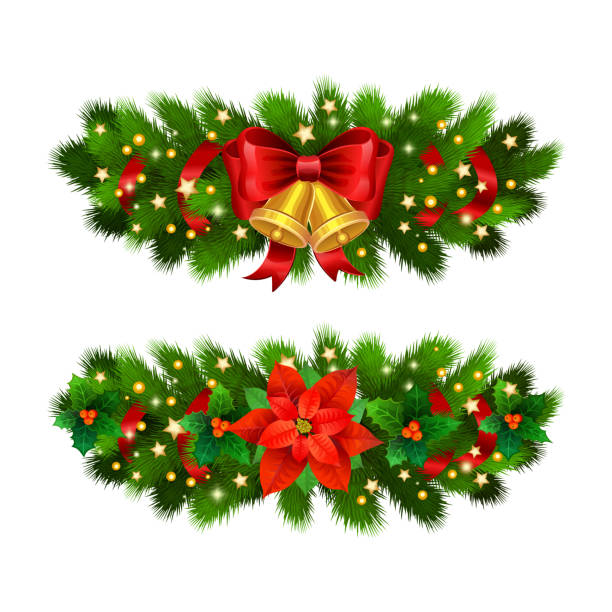 istock Christmas festive decoration from christmas tree branches, christmas star, holly and gold bells with red ribbon. 892701132