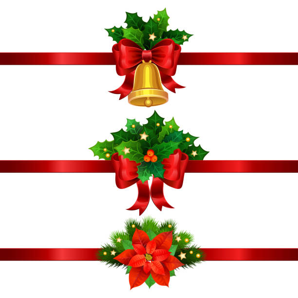 urlaub weihnachten dekorationen mit gold bell, bogen und weihnachtsstern. vektor-illustration. - bell frame ribbon vector stock-grafiken, -clipart, -cartoons und -symbole
