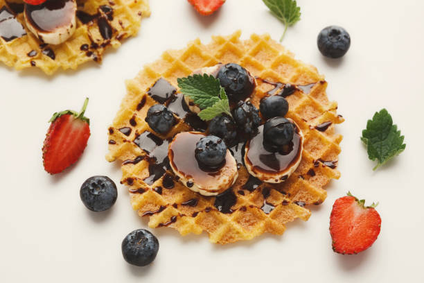 istock Waffles with fruits, breakfast background 892706696