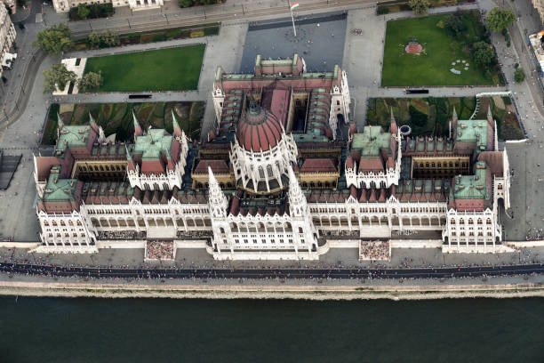 Helicopter point of view of Parliament building in Budapest, Hungary and Danube river.