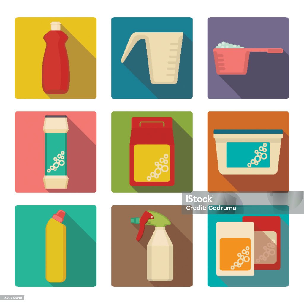 Detergent scoop in plastic containers isolated illustrations set Detergent scoop in plastic containers isolated cartoon flat vector illustrations set. Chemical means to wash dishes, clean clothes and polish windows. Dishwasher Tablet stock vector