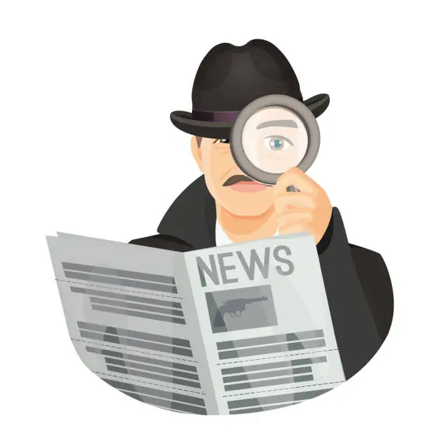 Vector illustration of Detective in hat with mustaches holds newspaper and magnifier