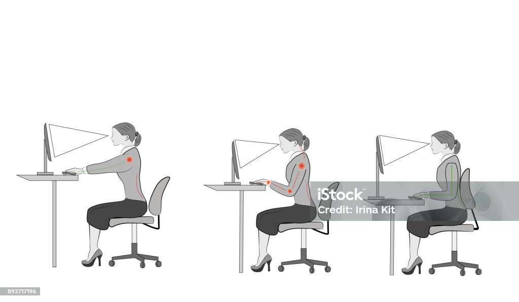 Richtig sitzen am Schreibtisch Haltung Ergonomie Ratschläge für Mitarbeiter im Büro: wie Sie am Schreibtisch zu sitzen, wenn Sie einen Computer verwenden - Lizenzfrei Anatomie Vektorgrafik
