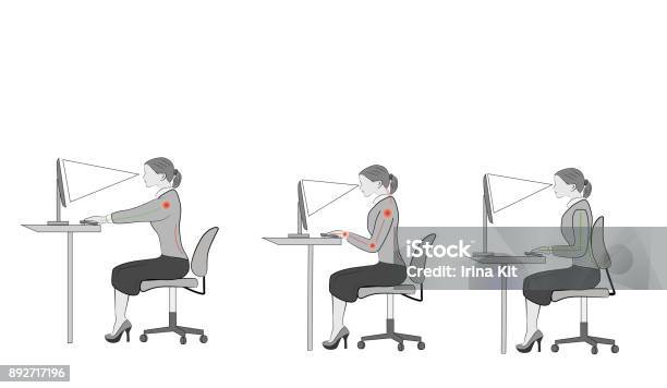 Richtig Sitzen Am Schreibtisch Haltung Ergonomie Ratschläge Für Mitarbeiter Im Büro Wie Sie Am Schreibtisch Zu Sitzen Wenn Sie Einen Computer Verwenden Stock Vektor Art und mehr Bilder von Anatomie