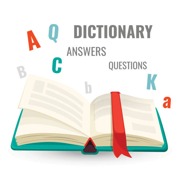 ilustraciones, imágenes clip art, dibujos animados e iconos de stock de diccionario con todas las respuestas a emblema de promo de preguntas - diccionario