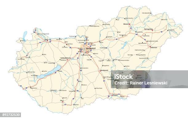Detailed Road Map Of Hungary With Major Cities Rivers And Lakes Stock Illustration - Download Image Now