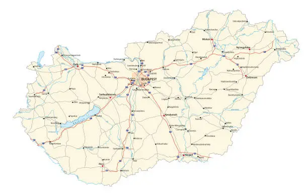 Vector illustration of detailed road map of hungary with major cities rivers and lakes