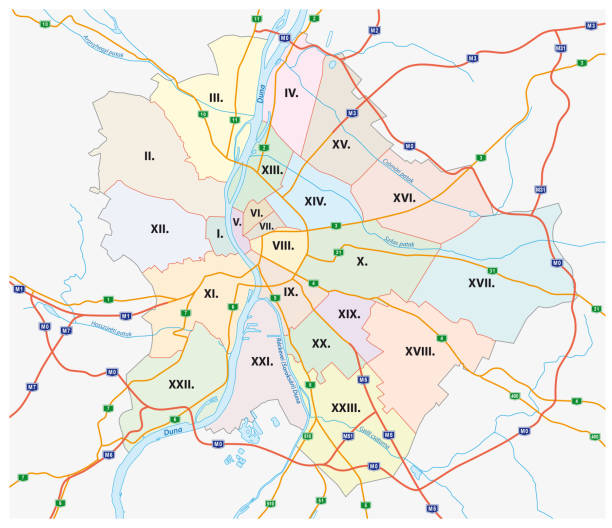 budapest verwaltungs- und fahrplan der hauptstadt ungarns - hungary budapest map cartography stock-grafiken, -clipart, -cartoons und -symbole