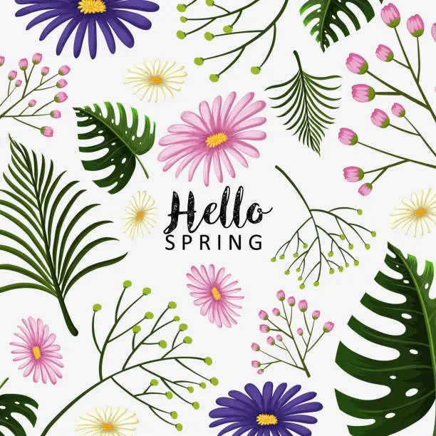 Vector illustration of Spring theme with blue and pink flowers