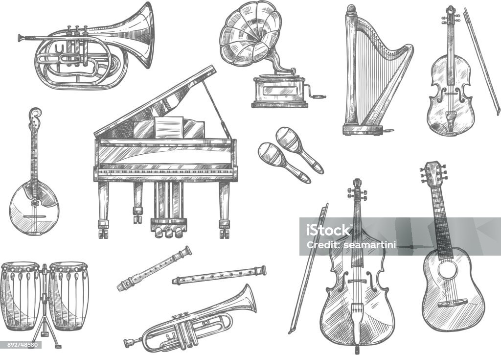 Musical instrument sketch of classic, jazz music Musical instrument sketch set of classic, folk and jazz music. Piano, guitar and drum, violin, trumpet and flute, horn, maracas and harp, cello, mandolin and retro gramophone for music themes design Musical Instrument stock vector