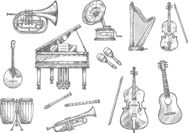 Musical instrument sketch of classic, jazz music Musical instrument sketch set of classic, folk and jazz music. Piano, guitar and drum, violin, trumpet and flute, horn, maracas and harp, cello, mandolin and retro gramophone for music themes design musical instrument illustrations stock illustrations