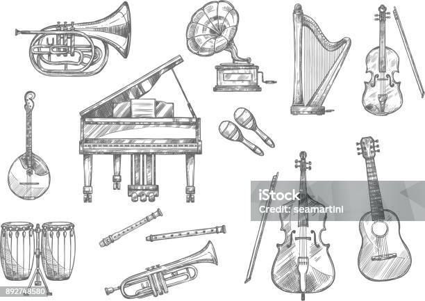 Musical Instrument Sketch Of Classic Jazz Music Stock Illustration - Download Image Now - Musical Instrument, Sketch, Illustration