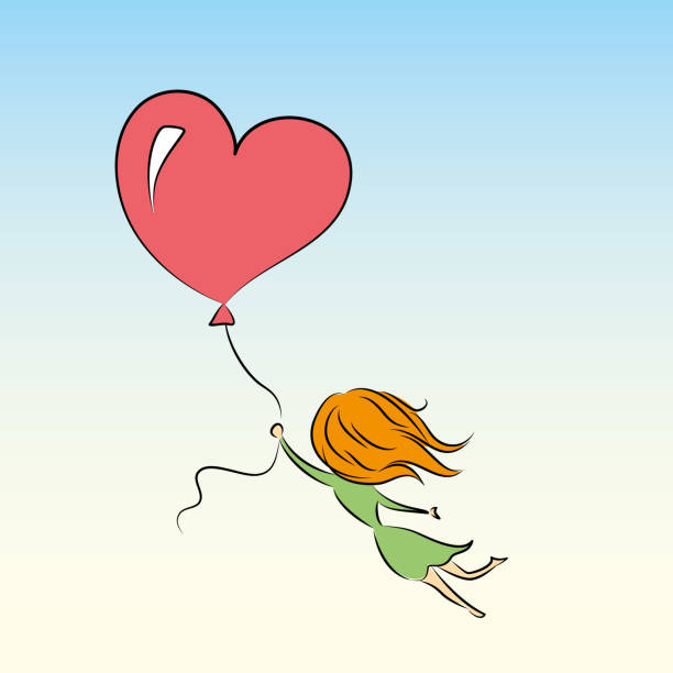 istock girl is flying on a balloon in the shape of heart 892748982