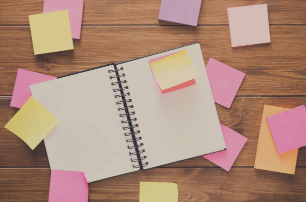 Top view of blank notepad on wooden office desk