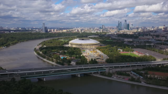 russia sunny day moscow river cityscape luzniki stadium aerial panorama 4k
