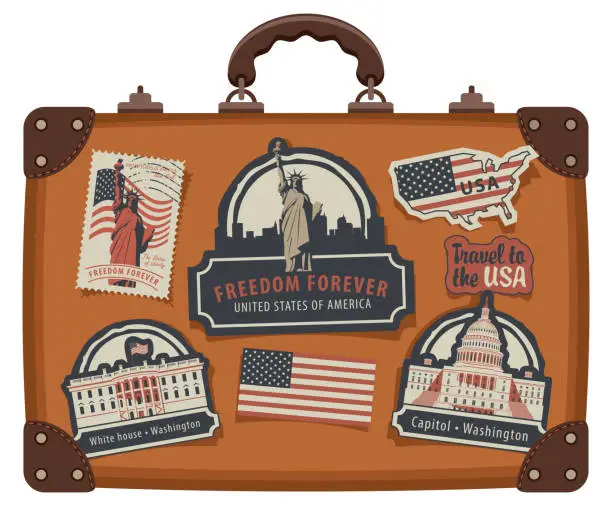 Vector illustration of suitcase with American symbols and monuments