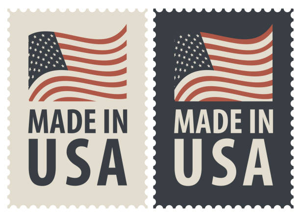 illustrazioni stock, clip art, cartoni animati e icone di tendenza di set di due francobolli con bandiera americana - made in the usa sign retro revival label