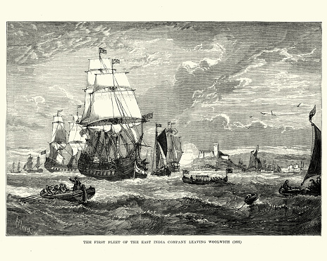 Vintage engraving of the first fleet of the East India Company leaving Woolwich, 1601