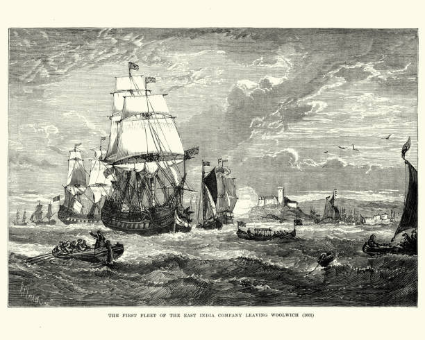 First fleet of the East India Company leaving Woolwich, 1601 Vintage engraving of the first fleet of the East India Company leaving Woolwich, 1601 old indian stock illustrations