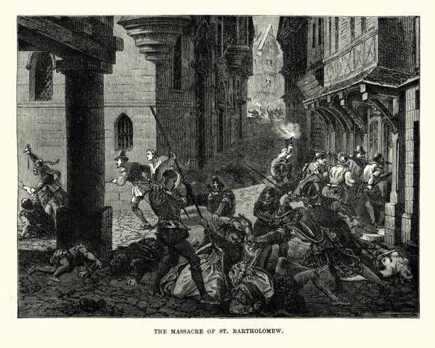 St. Bartholomew's Day massacre Vintage engraving of the St. Bartholomew's Day massacre (French: Massacre de la Saint-Barthélemy) in 1572 was a targeted group of assassinations and a wave of Catholic mob violence, directed against the Huguenots (French Calvinist Protestants) during the French Wars of Religion. Massacre stock illustrations