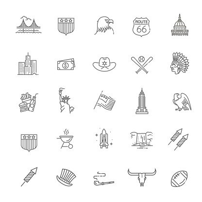 Traditions of America, US Life, National Objects of USA, Black Line Icons