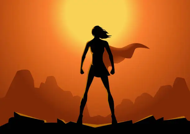 Vector illustration of Vector Superhero Woman Silhouette with Sun in the Background
