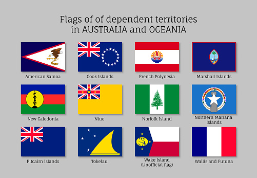 Flags dependent territories Australia and Oceania flat style set. Collection of national symbols. Vector illustrations of tribes, aborigines, peoples, pacific ocean concept