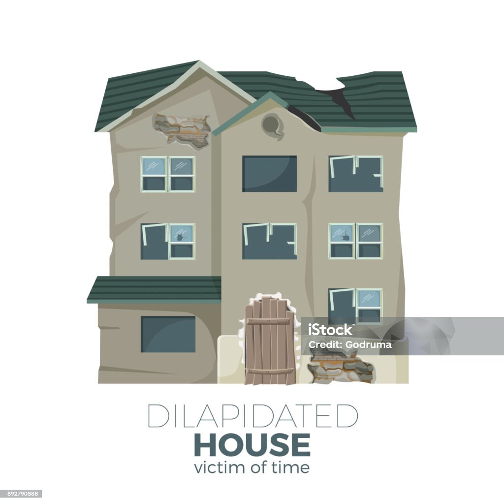 Dilapidated house as victim of time promotional poster Dilapidated house as victim of time promotional poster with old ruined house isolated cartoon flat vector illustration with sign on white background. House stock vector