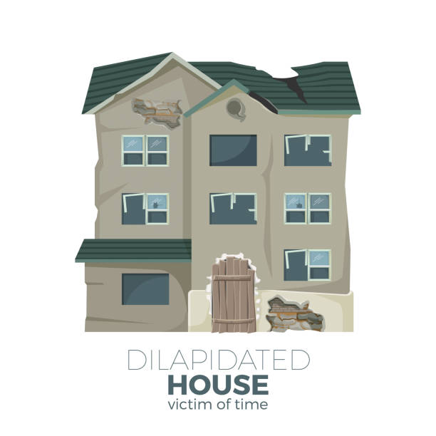 Dilapidated house as victim of time promotional poster Dilapidated house as victim of time promotional poster with old ruined house isolated cartoon flat vector illustration with sign on white background. old building stock illustrations