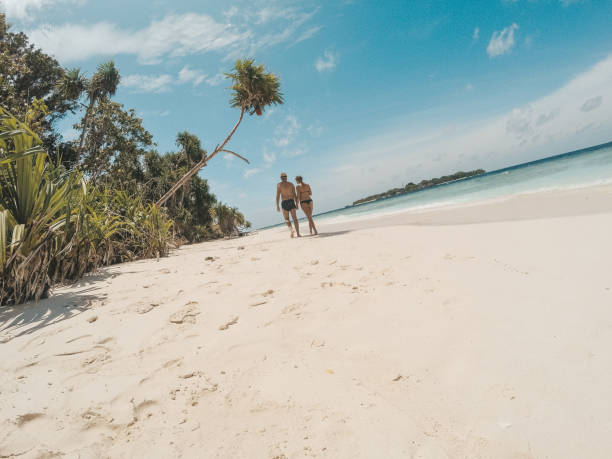 istock Couple walking on the beautiful sandy beach, rear view 892791174