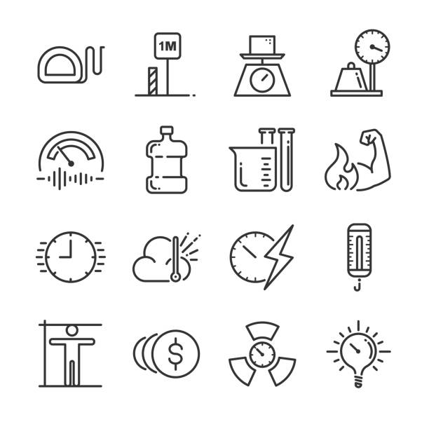 illustrations, cliparts, dessins animés et icônes de unité de mesure jeu d’icônes. inclus les icônes comme miles, compteur, tonne, kilogramme, décibel, degrés celsius et plus encore. - megawatt