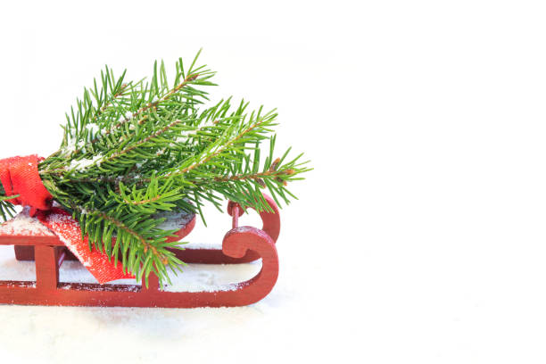 istock Christmas tree on red sled on a white background. Copy space. Holiday card. Close up. 892794198