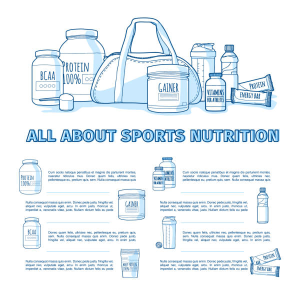 Design of the banner about sports nutrition. Infographics for healthy nutrition of athletes. Template flyer or brochure about supplements and vitamins to the diet of bodybuilders. Vector. Design of the banner about sports nutrition. Infographics for healthy nutrition of athletes. Template flyer or brochure about supplements and vitamins to the diet of bodybuilders. Vector protein powder bottle stock illustrations