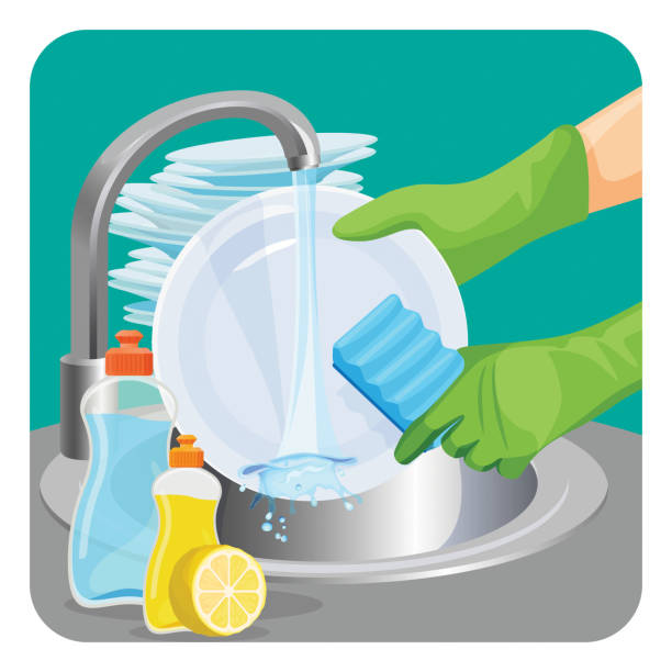 Human in rubber protective gloves dishwashing plate with a sponge Dish washing banner with human hands cleaning plates under running water, liquid means with aromas of fresh mint and lemon closeup, piles of dishes vector wash dishes stock illustrations