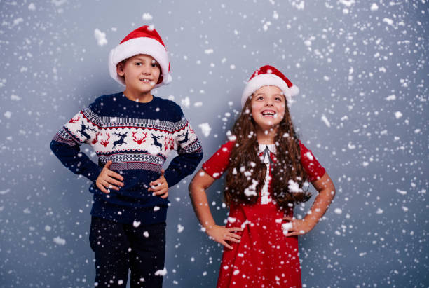istock Portrait of siblings among snow falling 892800254