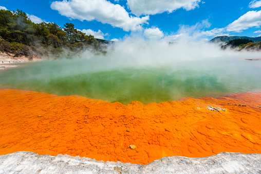 Unique steaming spring champagne pool in Wai-O-Tapu geothermal area, Rotorua, New Zealand