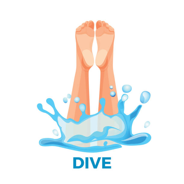 Diving barefoots icon vector illustration of human legs water splashes Diving barefoots icon vector illustration of human legs and water splashes, diver jumping with bare feet logo isolated on white background diving into pool stock illustrations