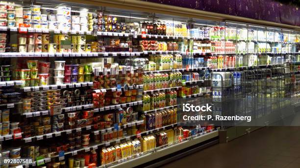 Large Dairy Section In Supermarket Stock Photo - Download Image Now - Supermarket, Netherlands, Shelf