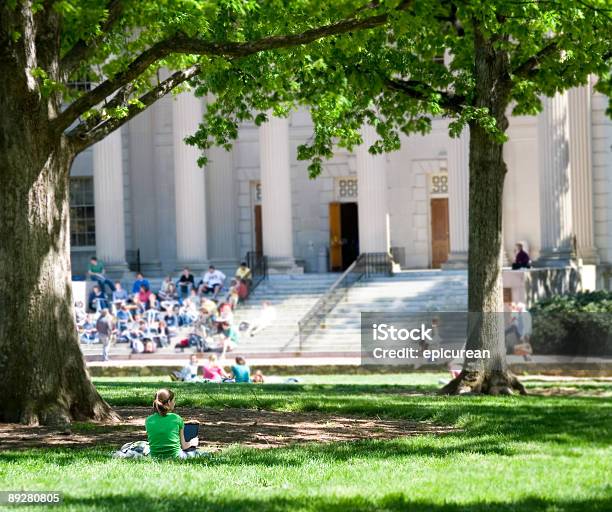 Studente Rilassante Nel Campus - Fotografie stock e altre immagini di Città universitaria - Città universitaria, Erba, Flora lussureggiante