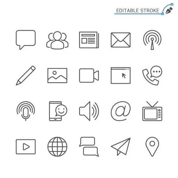 Vector illustration of Media and communication line icons. Editable stroke. Pixel perfect.