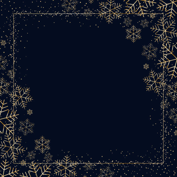 Winter dark festive background with golden snowflakes for Christmas and New Year Decorative snow pattern for postcard invitation advertising Empty template wallpaper Element of design Vector graphic Winter dark festive background with golden snowflakes for Christmas and New Year Decorative snow pattern for postcard invitation advertising Empty template wallpaper Element of design Vector graphic snowflake shape borders stock illustrations
