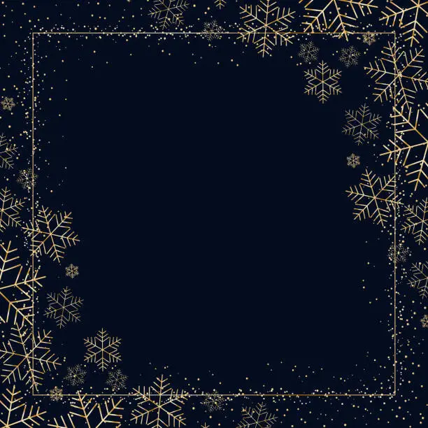 Vector illustration of Winter dark festive background with golden snowflakes for Christmas and New Year Decorative snow pattern for postcard invitation advertising Empty template wallpaper Element of design Vector graphic