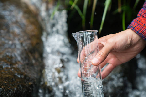 An environmental engineer or researcher taking a water sample from a river