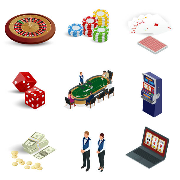 Isometric casino icons set. Laptop with roulette, slot machine, dice, casino chips and playing cards isolated on background. Vector illustration Isometric casino icons set. Laptop with roulette, slot machine, dice, casino chips and playing cards isolated on background. Vector illustration. roulette icon stock illustrations