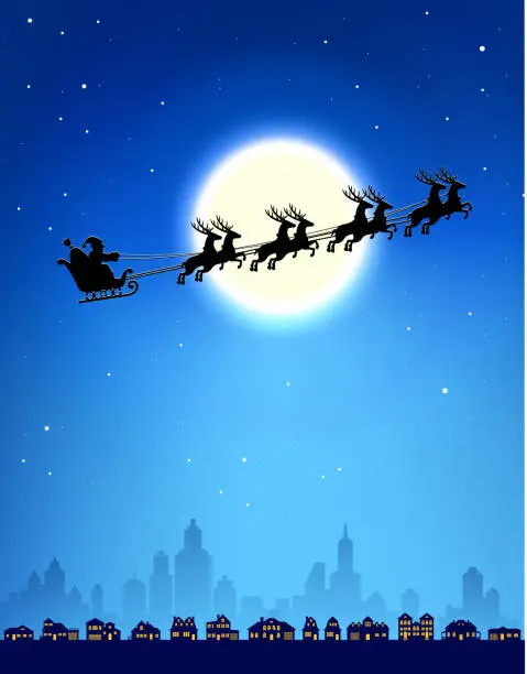 Vector illustration of Santa's sleigh over skyline and moon