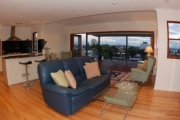 Living Room with City View  bi fold doors stock pictures, royalty-free photos & images