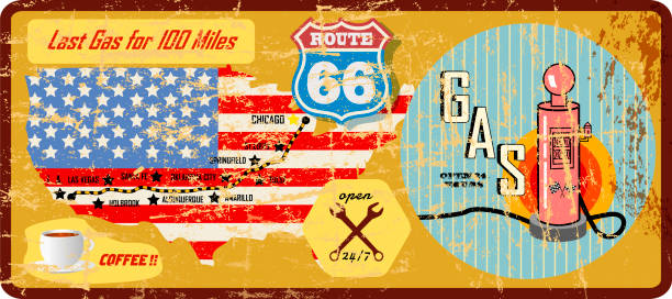 ilustrações de stock, clip art, desenhos animados e ícones de grungy vintage route 66 gas station sign and road map - station retro revival gas station old